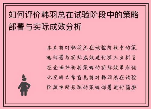 如何评价韩羽总在试验阶段中的策略部署与实际成效分析
