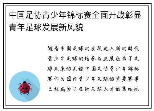 中国足协青少年锦标赛全面开战彰显青年足球发展新风貌